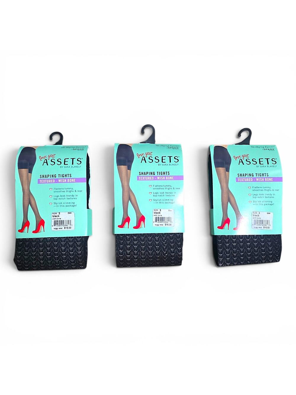 Lot of 3 Assets Spanx Black Shaping Tights Size 3 Wishbone Pattern NWT